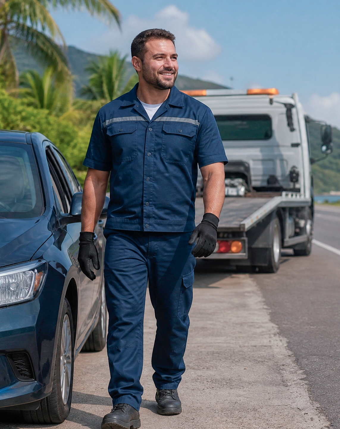 Técnico da Maxx Service ao lado de veículo, com guincho ao fundo